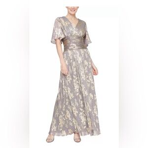 SL Fashions Surplice Neck Flutter Sleeve Foil Floral A-Line Gown - NWT